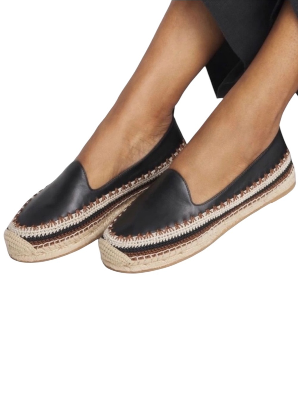 Chico's Black Leather  Bohemian Slip-On with  Rope Trim Espadrille 8 MED EUC